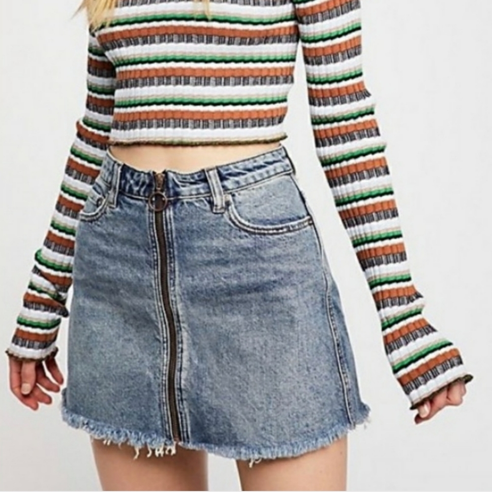 Free People Blue Zip It Up Denim Mini Skirt